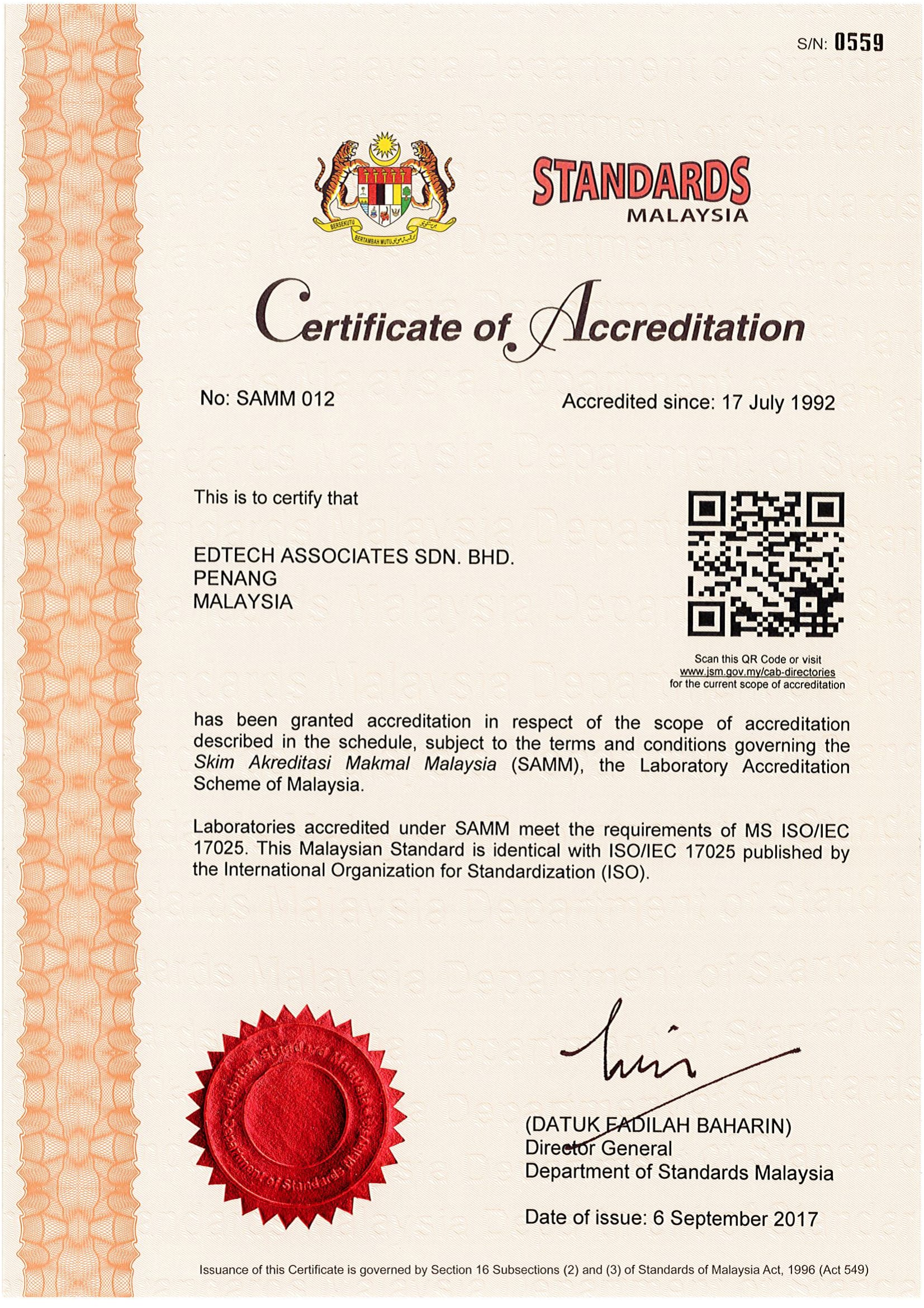 Certificate of Accreditation from 